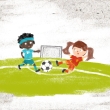 Ein Mädchen und ein Junge spielen Fußball