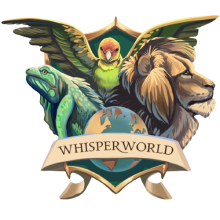 Whisperworld Logo Leguan, Löwe und Adler im Wappen