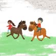 Ein Mädchen und ein Junge reiten auf Pferden