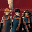 Ron, Harry und Hermine vor einem roten Hintergrund