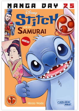 Cover des Manga ‚Stitch und der Samurai‘ mit der bekannten Disney-Figur Stitch, die fröhlich lächelt und ein traditionelles japanisches Schwert hält. Im Hintergrund sind zwei Samurai-Figuren in Rüstung und ein japanischer Fächer mit floralen Mustern zu sehen. Der Hintergrund ist orange, der Titel ist in großen, blauen und braunen Buchstaben gestaltet.