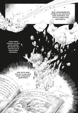 Die Innenseite aus „Beyond the Clouds 1“ zeigt einen Jungen, der von magischen Elementen umgeben ist, während er in ein offenes Buch schaut. Ein Hand zeigt ihm einen funkelnden Stern. Der Hintergrund ist in Schwarz gehalten, während der Junge mit hellen, lebhaften Farben in Szene gesetzt wird. Über ihm stehen in stilisierter Typografie zwei Sprechblasen, die seine Gedanken zu Abenteuern und Fantasie ausdrücken. Die Schrift ist variabel und betont die Abenteuerlust.