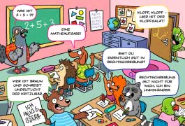 Innenseite aus „Schulhofwitze für die große Pause“. Eine farbenfrohe Illustration zeigt eine Schulklassenszene. Ein Vogel steht am schwarzen Brett mit einer Mathematikaufgabe, während Tiere in verschiedenen Positionen auf ihren Plätzen sitzen. Ein Hund, ein Fuchs, ein Eichhörnchen und ein Wolf interagieren. Sprechblasen enthalten Witze über Mathematik und Rechtschreibung. Dominierende Farben sind Blau, Grün und Rosa. Die Typografie ist verspielt und kindgerecht.