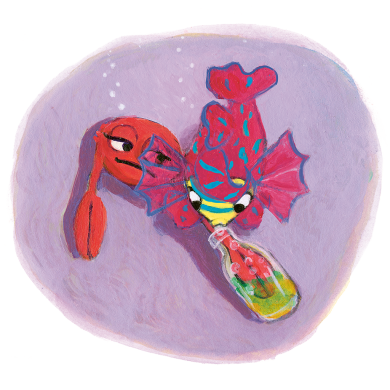 Crabby Krabbe ist in einer Flasche steckengeblieben und Mala Mandarinfisch hilft ihr