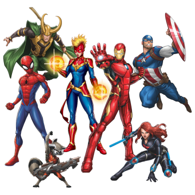 Loki, Spider-man, Captain marvel, Iron Man, Captain America, Rocket und Black Widow