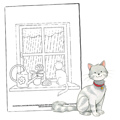 Conni Ausmalbild mit Kater Mau vor dem Fenster