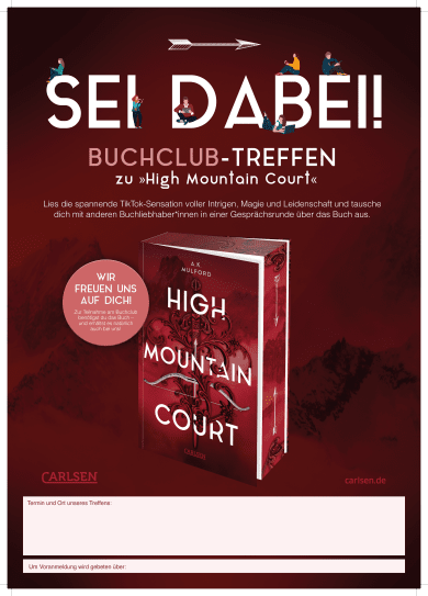 Werbeplakat mit Beischnittzugabe zum Buchclub "High Mountain Court"
