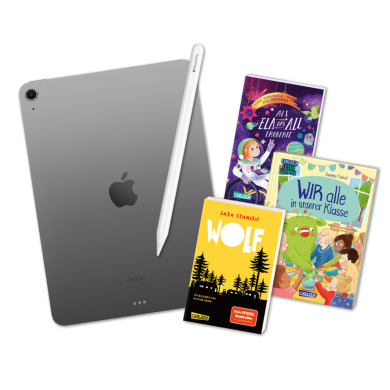 Apple iPad Air mit Apple Pencil Pro sowie drei Buchcover: „Als Ela das All eroberte“, „Wir alle in unserer Klasse“ und „Wolf“ – Gewinne des Back To School-Gewinnspiels 2025 für Lehrkräfte.