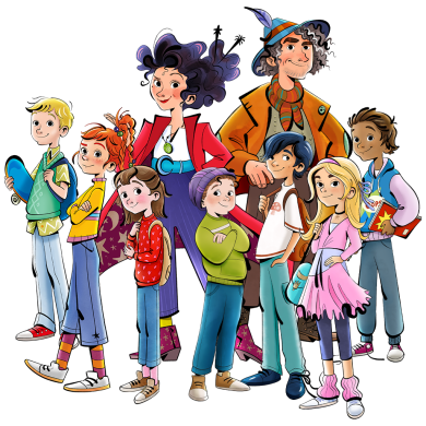 Gruppe der Kinder mit Miss Cornfield und Mister Morrison