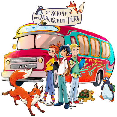 Die Kinder und ihre magischen Tiere stehen vor dem Bus