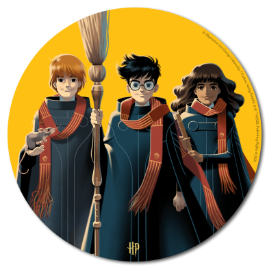 Ron, Harry und Hermine vor einem gelben Hintergrund