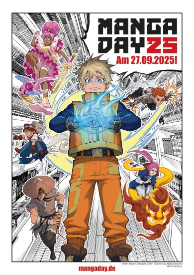 Key Artwork für Manga Day 2025 mit mehreren Manga-Figuren vor einem dynamischen, schwarz-weißen Comic-Hintergrund. Links oben steht eine Figur in pinkem, auffälligem Kleid und mit großer rosa Frisur auf einem fliegenden, pinken Tier. In der Mitte ist eine Person mit blondem Haar und blauem Umhang zu sehen, daneben weitere Charaktere in Aktion. Rechts steht groß der Schriftzug ‚MANGA DAY 25 – Am 27.09.2025!‘ in Schwarz und Rot.