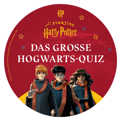Ron, Harry und Hermine vor einem roten Hintergrund