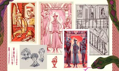 Collage aus mehreren Skizzen und Illustrationen