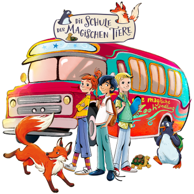 Die Kinder und ihre magischen Tiere vor magischen Zoohandlung