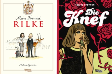 Zwei Buchcover nebeneinander: Links „Mein Freund Rilke“ von Melanie Garanin mit einer feinen Illustration von zwei Personen und einer Antilope vor hellem Hintergrund. Rechts „Die Knef“ von Moritz Stetter mit einer stilisierten Sängerin vor schwarzem Hintergrund mit roten Rosenmustern.
